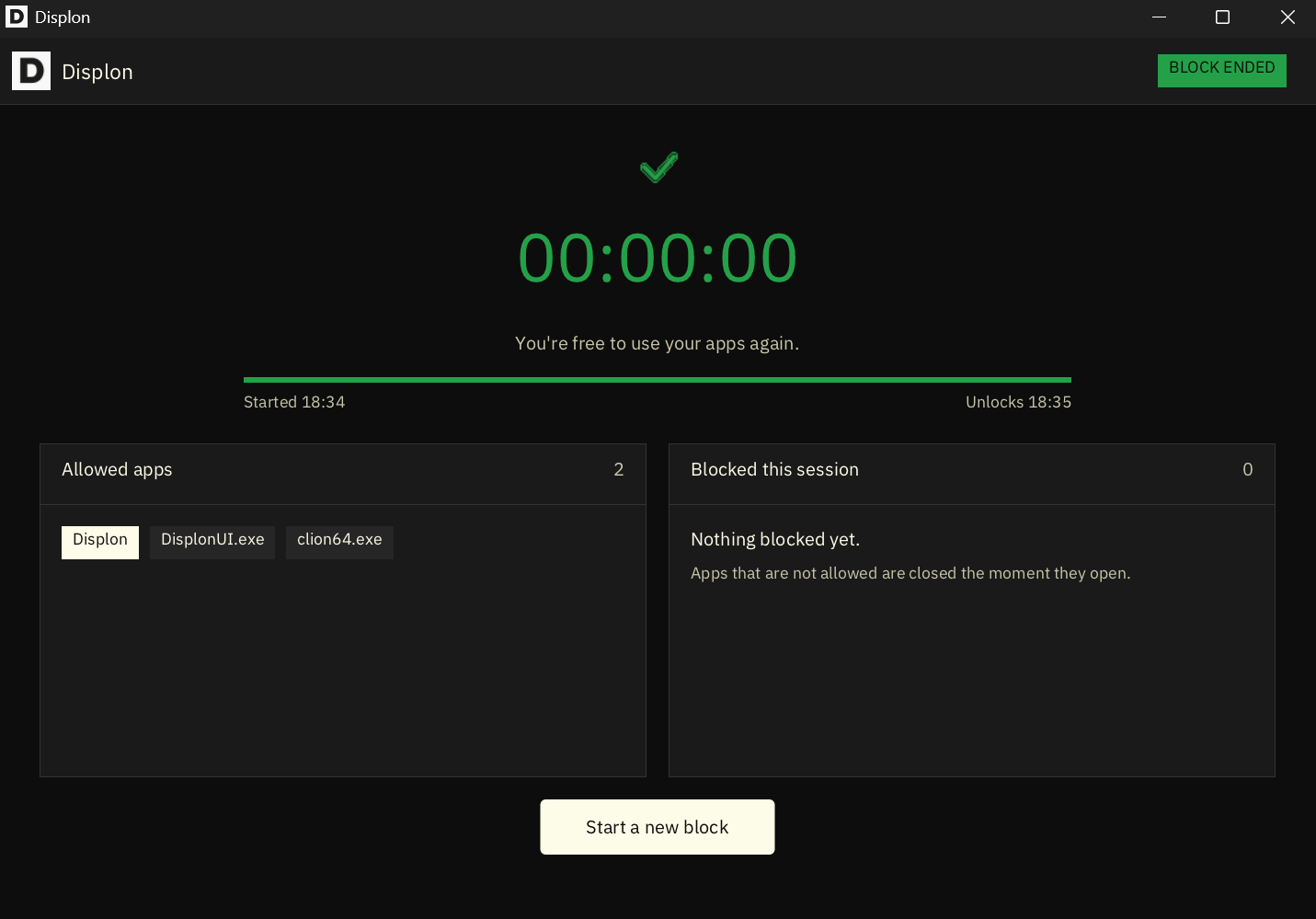 Displon block ended screen showing finished focus session and blocked app history