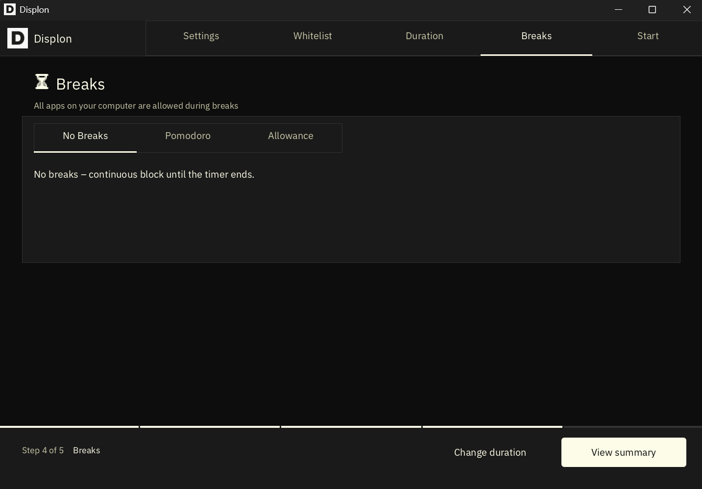 Displon breaks screen: no breaks, Pomodoro or allowance mode for focus blocking