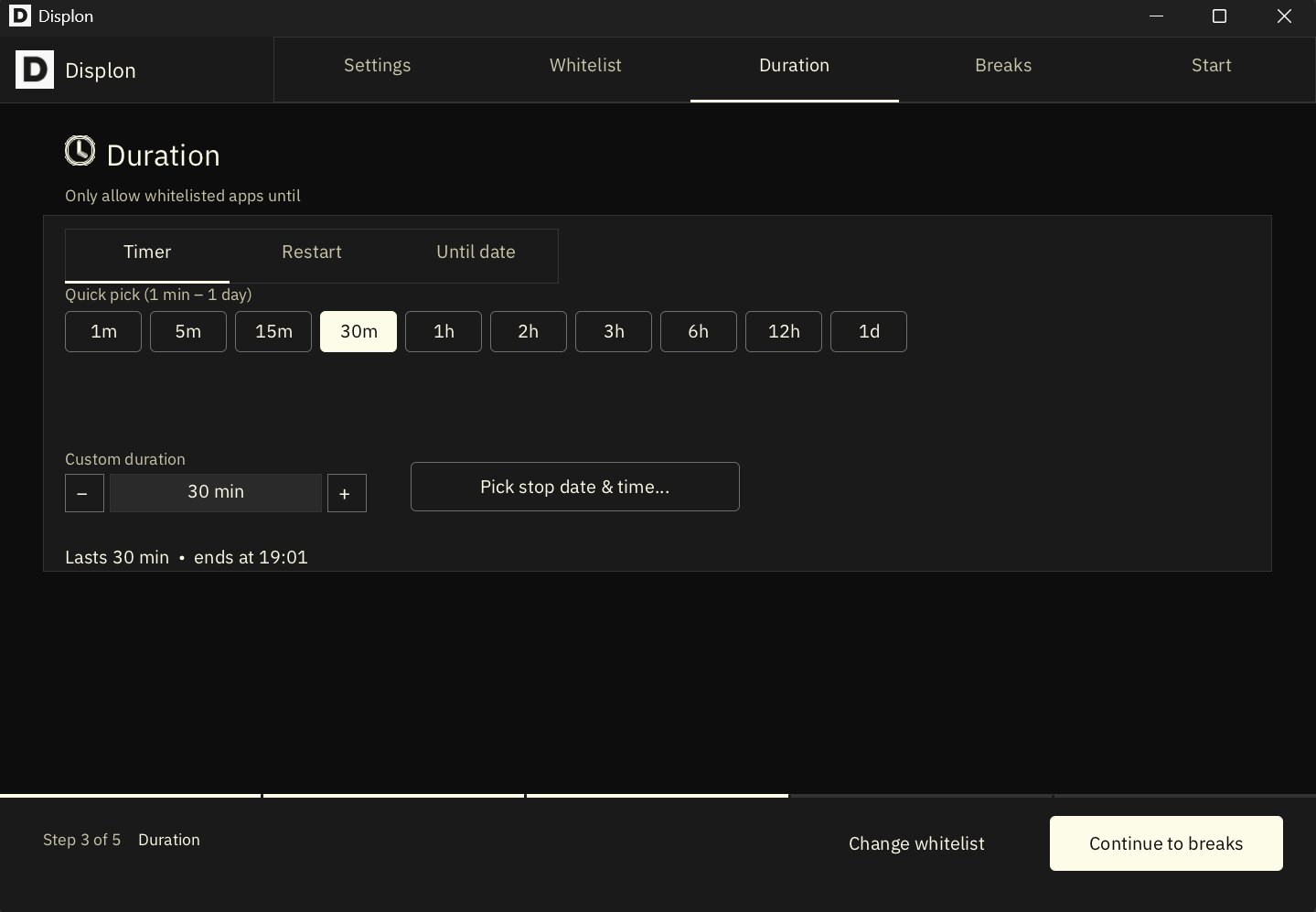 Displon duration screen: set a focus timer from 1 minute to 1 day or until a date