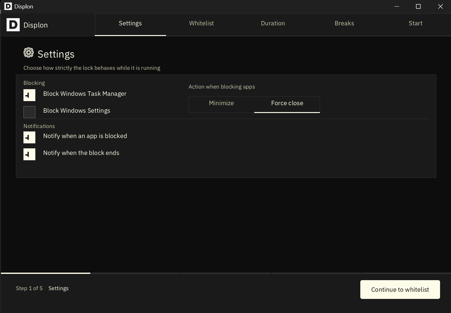 Displon settings screen: block Windows Task Manager and Windows Settings, force close or minimize apps