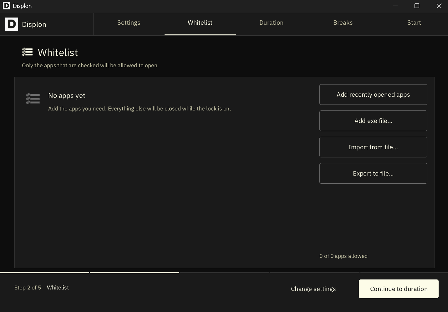 Displon whitelist screen: add allowed apps, import or export the app list for Windows
